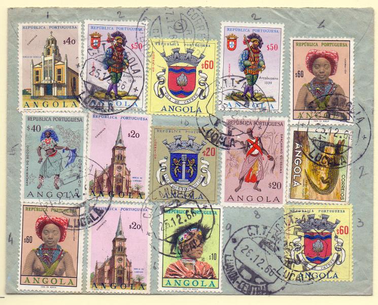 1106 f.jpg -     Lote:    1106 (frente)            Angola       Descrição:         1953/66 &mdash; Animais + Tipos Indígenas + Brasões * 2.ª emissão + Tipos Femininos + Igrejas + Uniformes do Exército. Sobrescrito circulado registado de Lucala (25.12.66) para Lisboa com selos CE359, 391, 393, 412, 2x416, 458, 2x461, 2x481, 483 e 2x502.        Carta       Valor Base:     &euro; 6,00     Valor Venda:     &euro; 6,00     